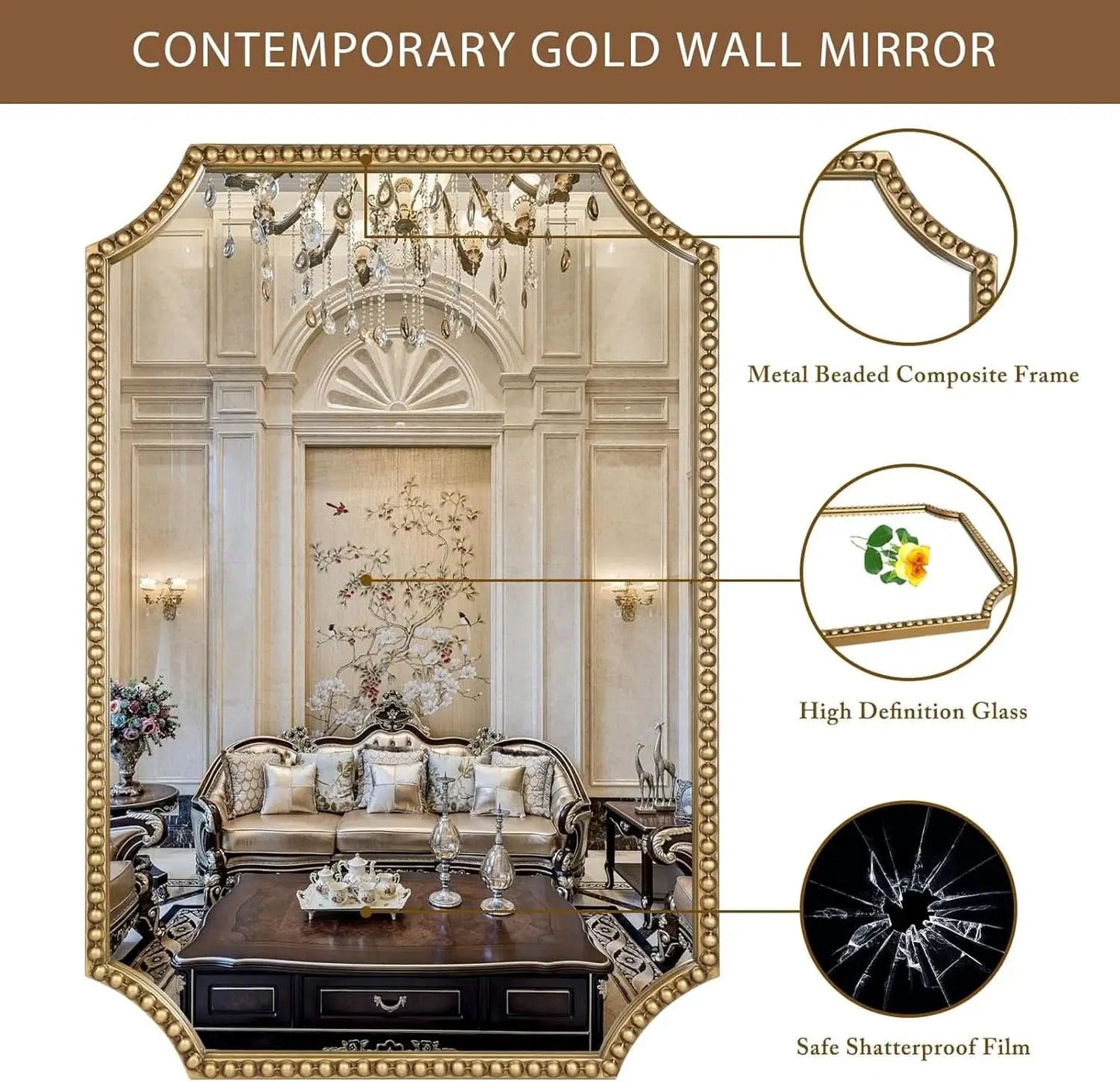 30 X 40 Inch Wall Mirror With Antique Gold Beaded Frame from PriceLows™