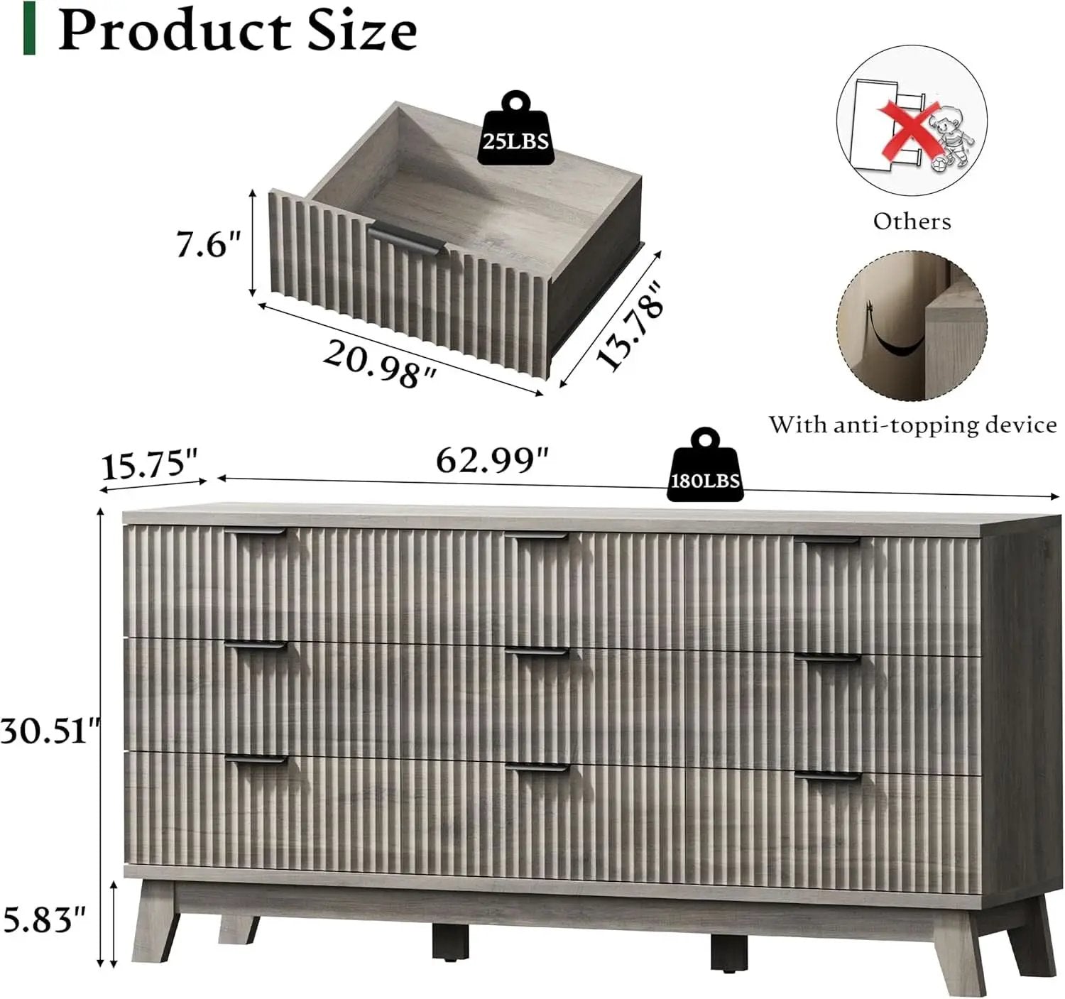 63 Inch Dresser Charcoal Grey Finish With Wave Fluted Panel And 9 Drawers from PriceLows™