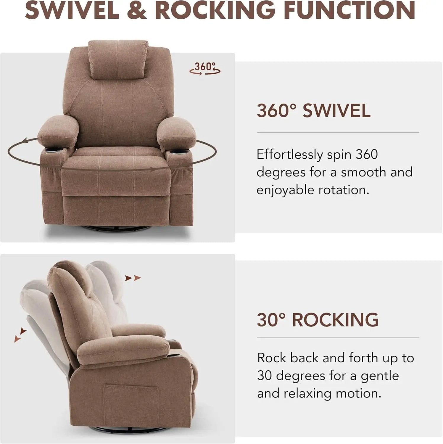 Oversized Swivel Rocker Recliner Chair With Heat Massage USB Port Brown Fabric from PriceLows™