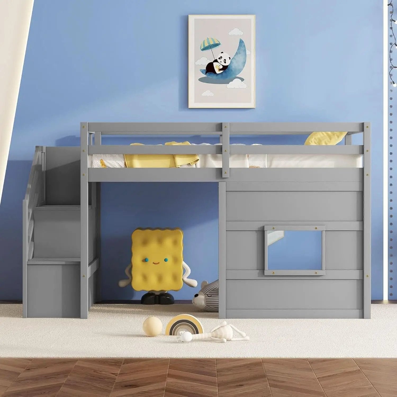 Twin Size Low Loft Bed In Gray With Stairs Storage from PriceLows™