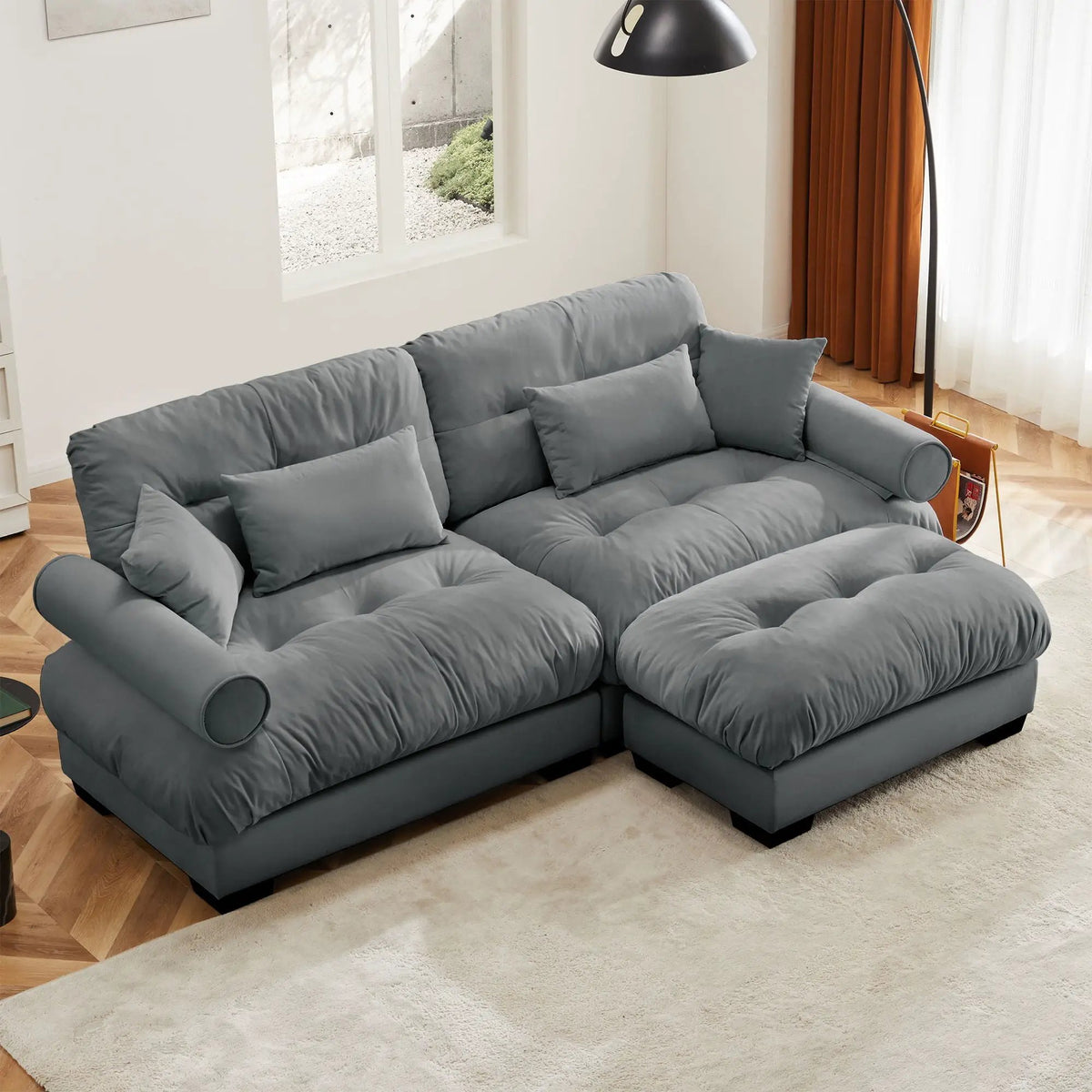 Modular Sectional Sofa | Deep Comfort Cushions | Vintage Fabric Ottoman