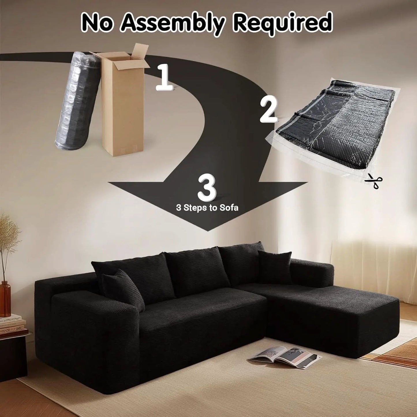 104 Inch Black Corduroy L Shaped Sectional Sofa Deep Set Upholstered Modular Couch No Assembly from PriceLows™
