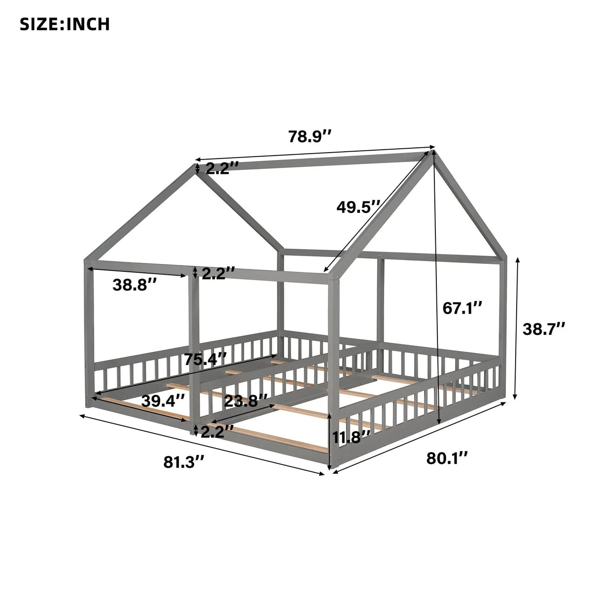 House Platform Bed | Solid Steel Frame | Twin Shared Bunks | Built In Guards
