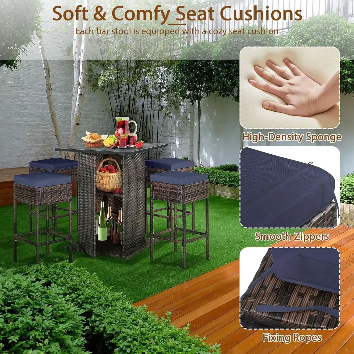 5 Piece Outdoor Bar Set Navy Blue Bar Height Table Storage from PriceLows™