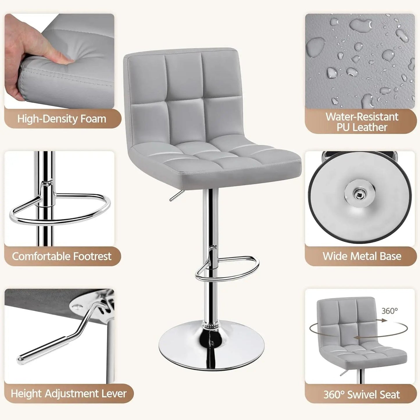 Bar Stools 2 Pack Adjustable Gray PU Leather Counter Height from PriceLows™