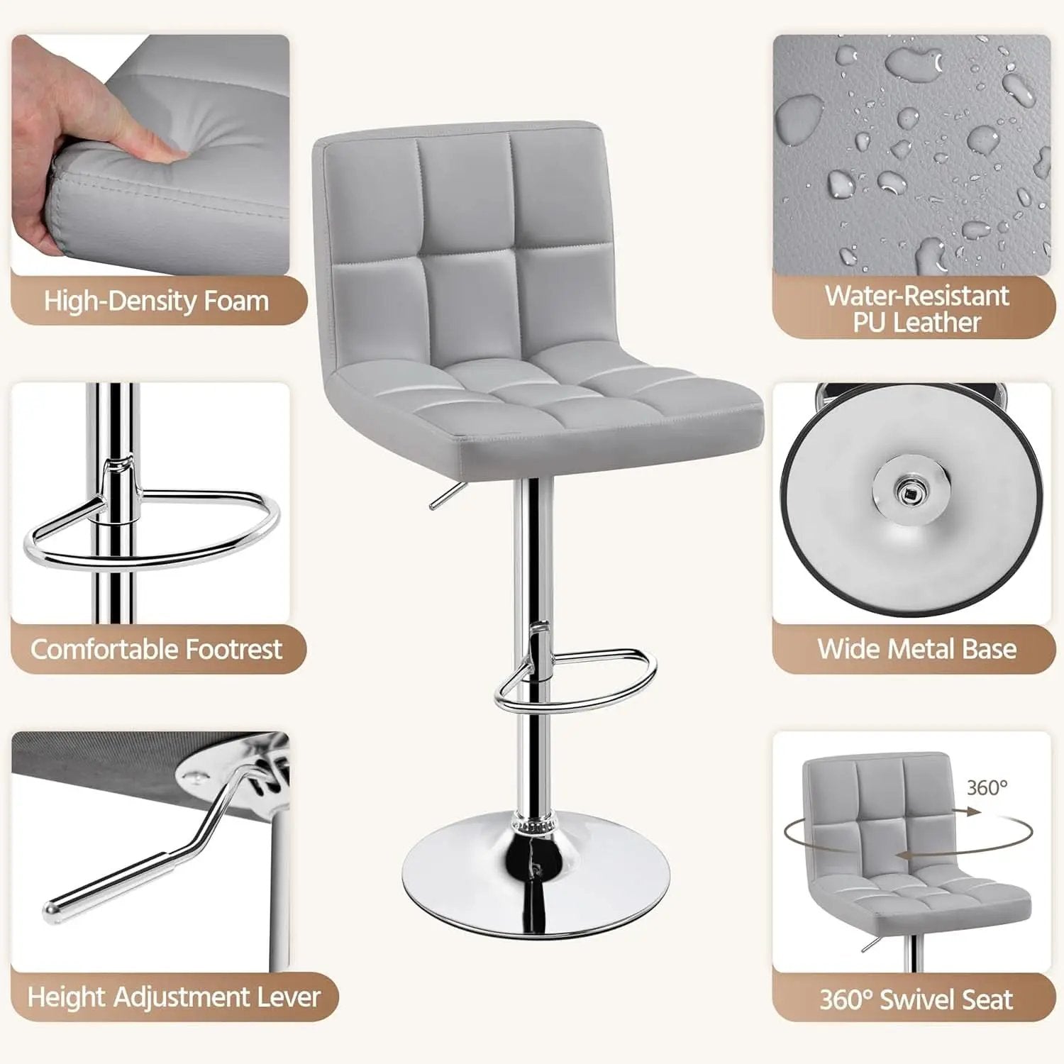Bar Stools 2 Pack Adjustable Gray PU Leather Counter Height from PriceLows™