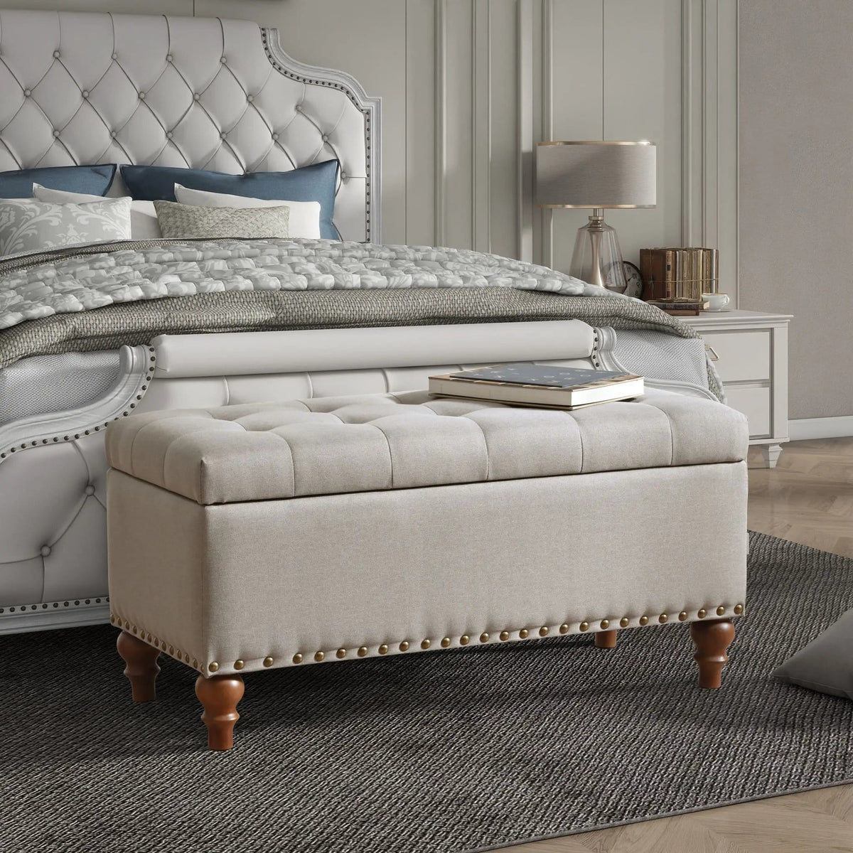 Upholstered Ottoman With Storage And Rivet Trim | 2 Pieces | Solid Wood | Living Room