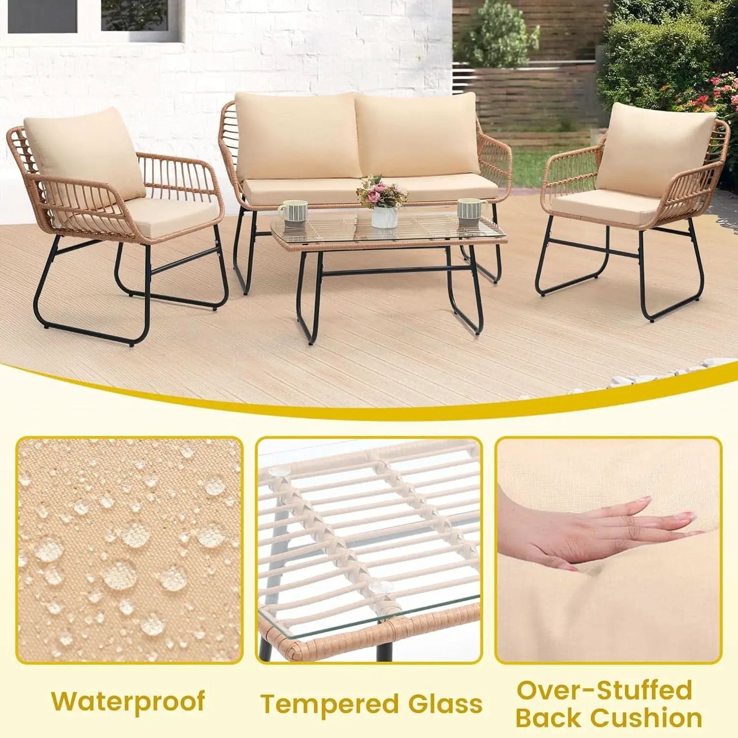 Four Piece Outdoor Wicker Sofa Rattan Chairs Set from PriceLows™