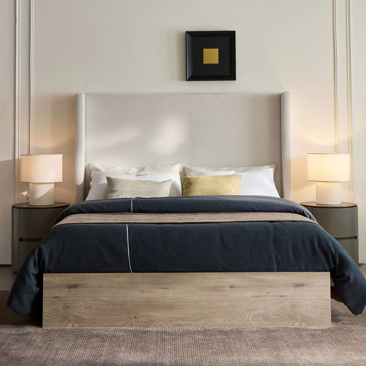 Shelton Queen Upholstered Wingback Bed With 54" High Headboard | 84 x 67.1 x 54 in | Metal | Ivory / Light Gray / Camel Oak