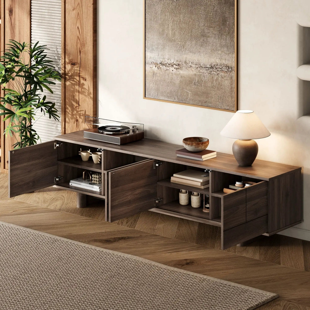 85 Inch TV Stand | Push Openers | Cable Management | Solid Pine Wood Legs