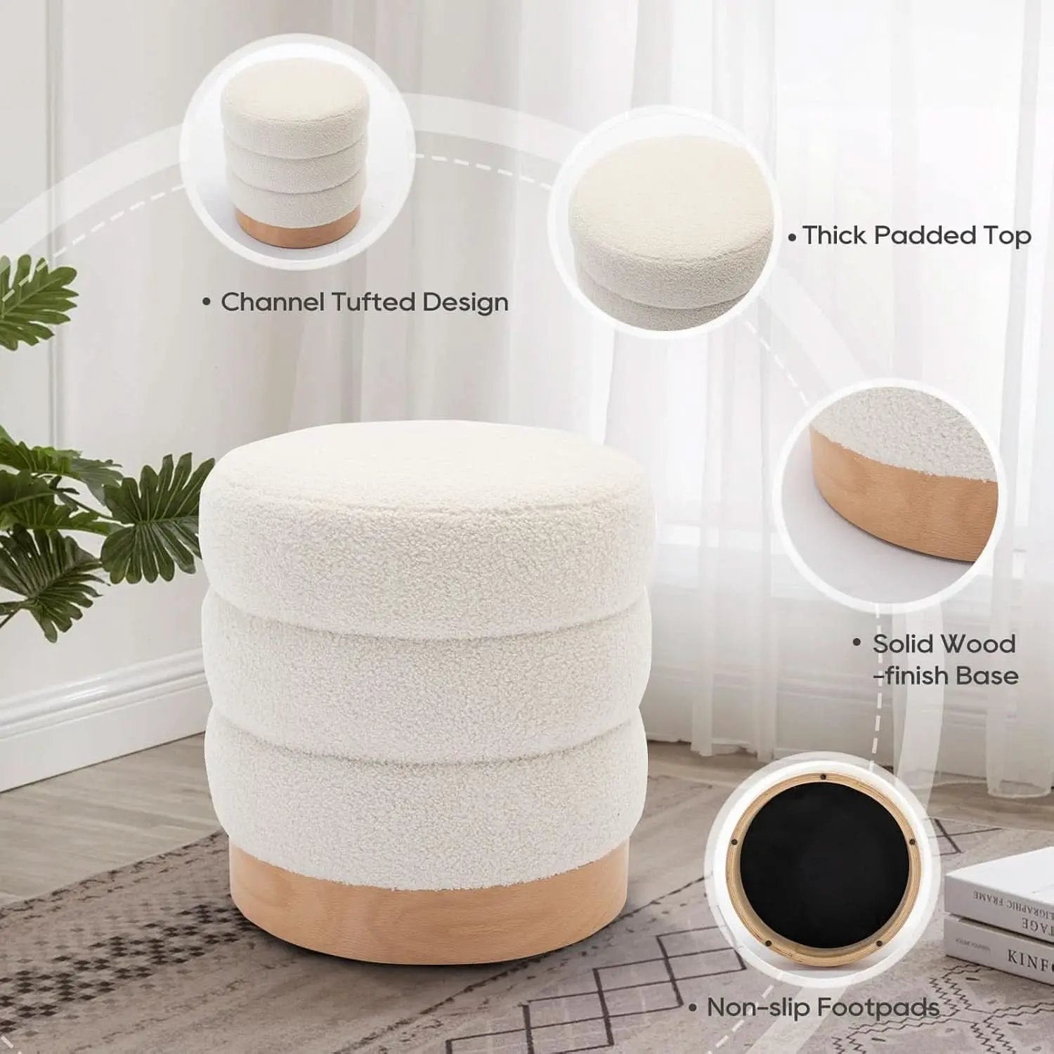 Cream Tufted Sherpa Ottoman Footstool Round Cushion from PriceLows™