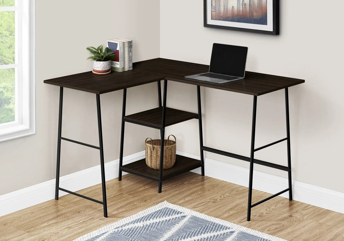 Industrial L-Shaped Corner Desk | 47.25 Inch Width | 2 Open Shelves | Sawhorse-Style Legs