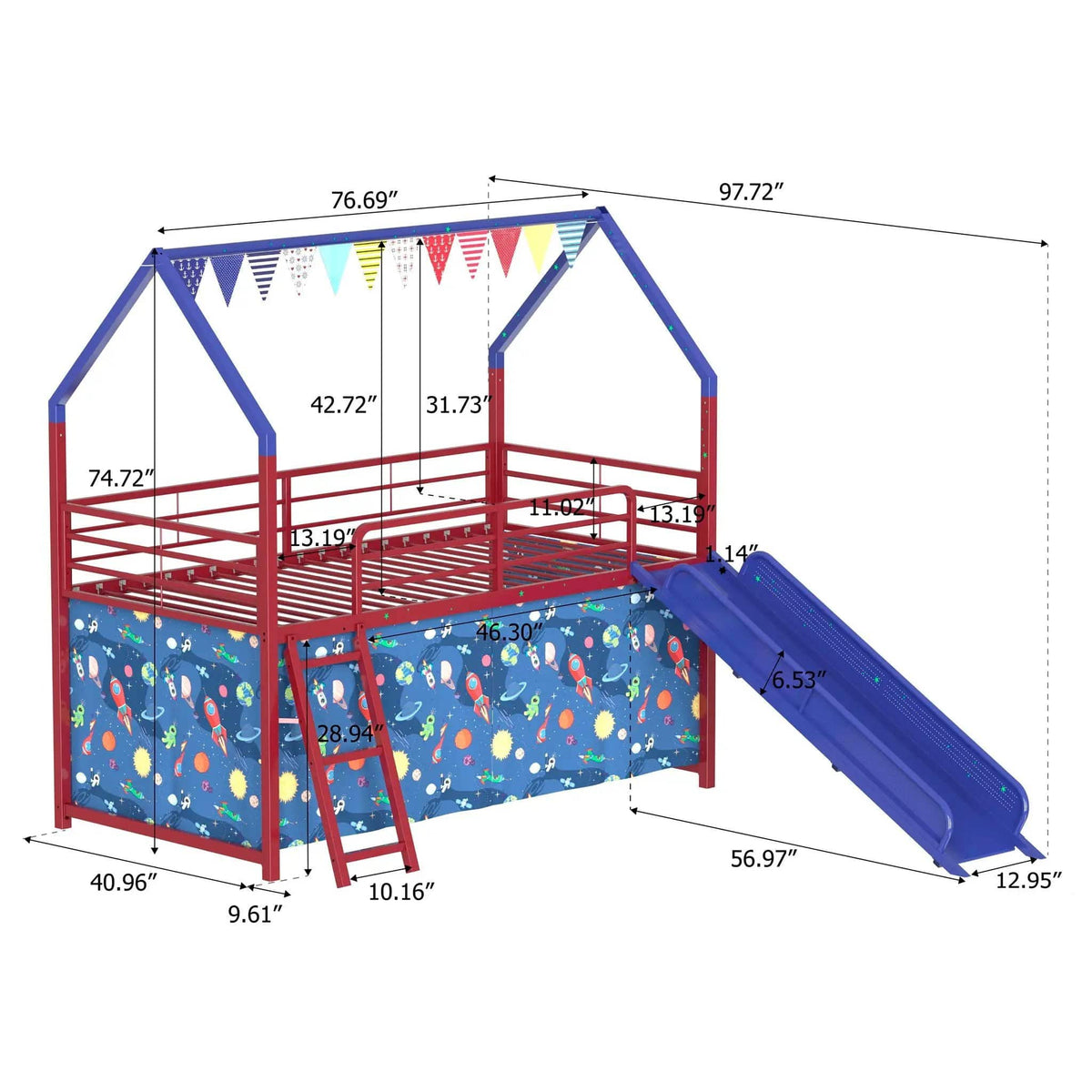 Jack House Loft Bed With Slide And Curtain Set | 5 Pieces | Metal | Bedroom