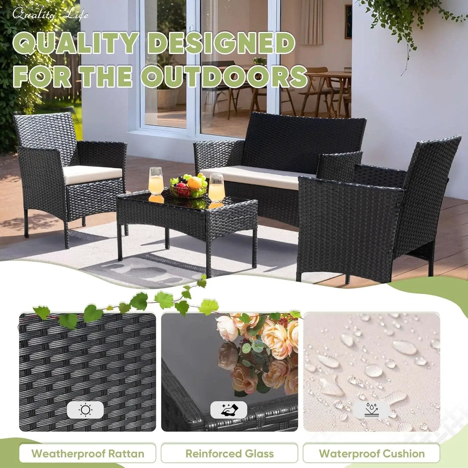 Patio Furniture Four Piece Conversation Set Black Beige from PriceLows™