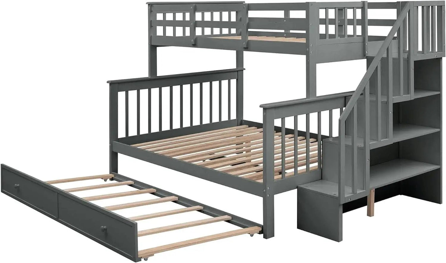 Twin Over Full Bunk Bed With Trundle Storage Shelves Grey from PriceLows™