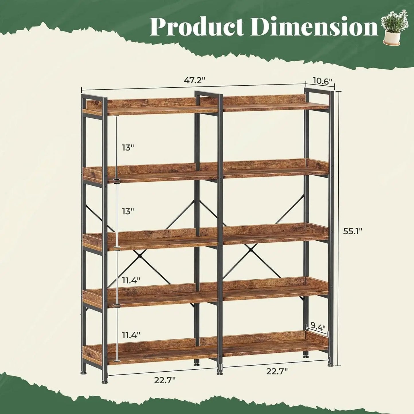 Rustic Brown 5 Tier Bookcase With Raised Edges For Living Room from PriceLows™