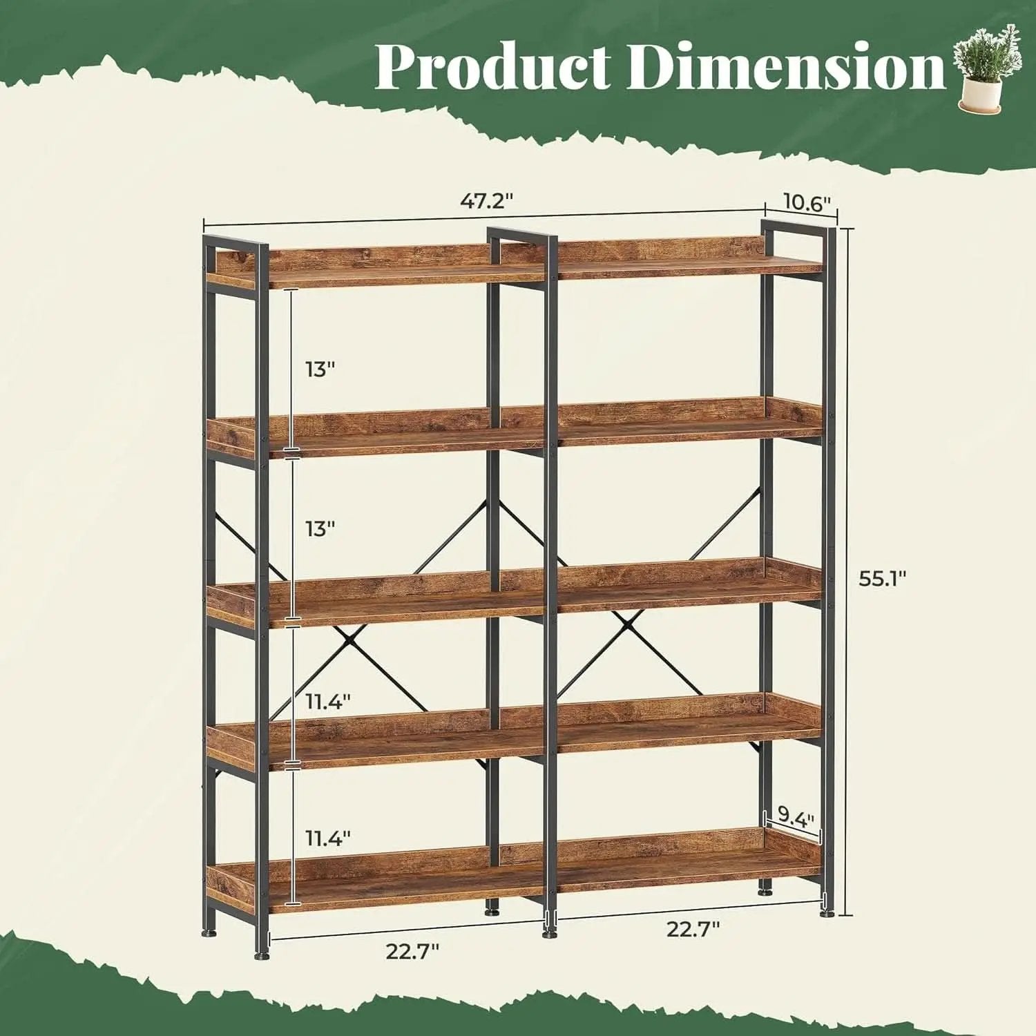 Rustic Brown 5 Tier Bookcase With Raised Edges For Living Room from PriceLows™