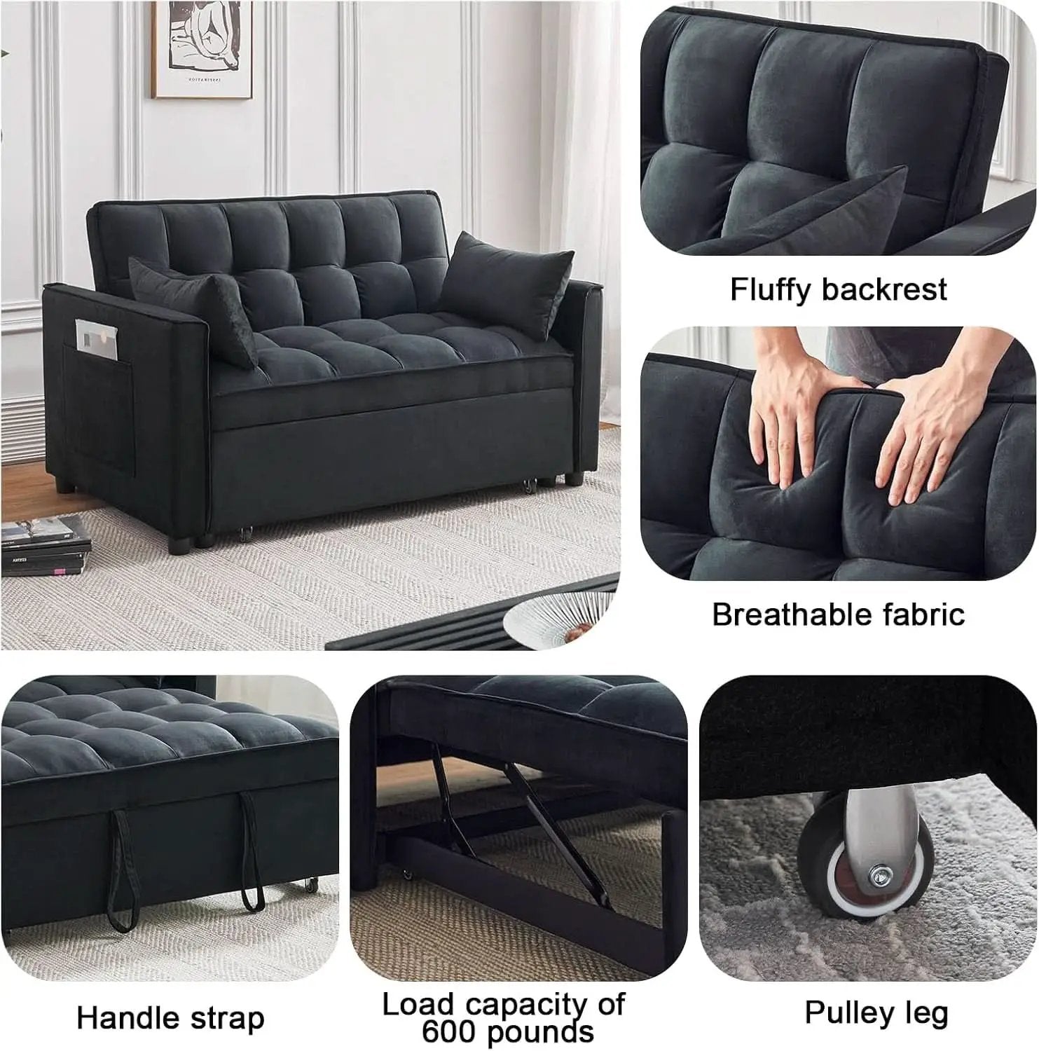 Black Velvet Sleeper Sofa With Adjustable Backrest from PriceLows™