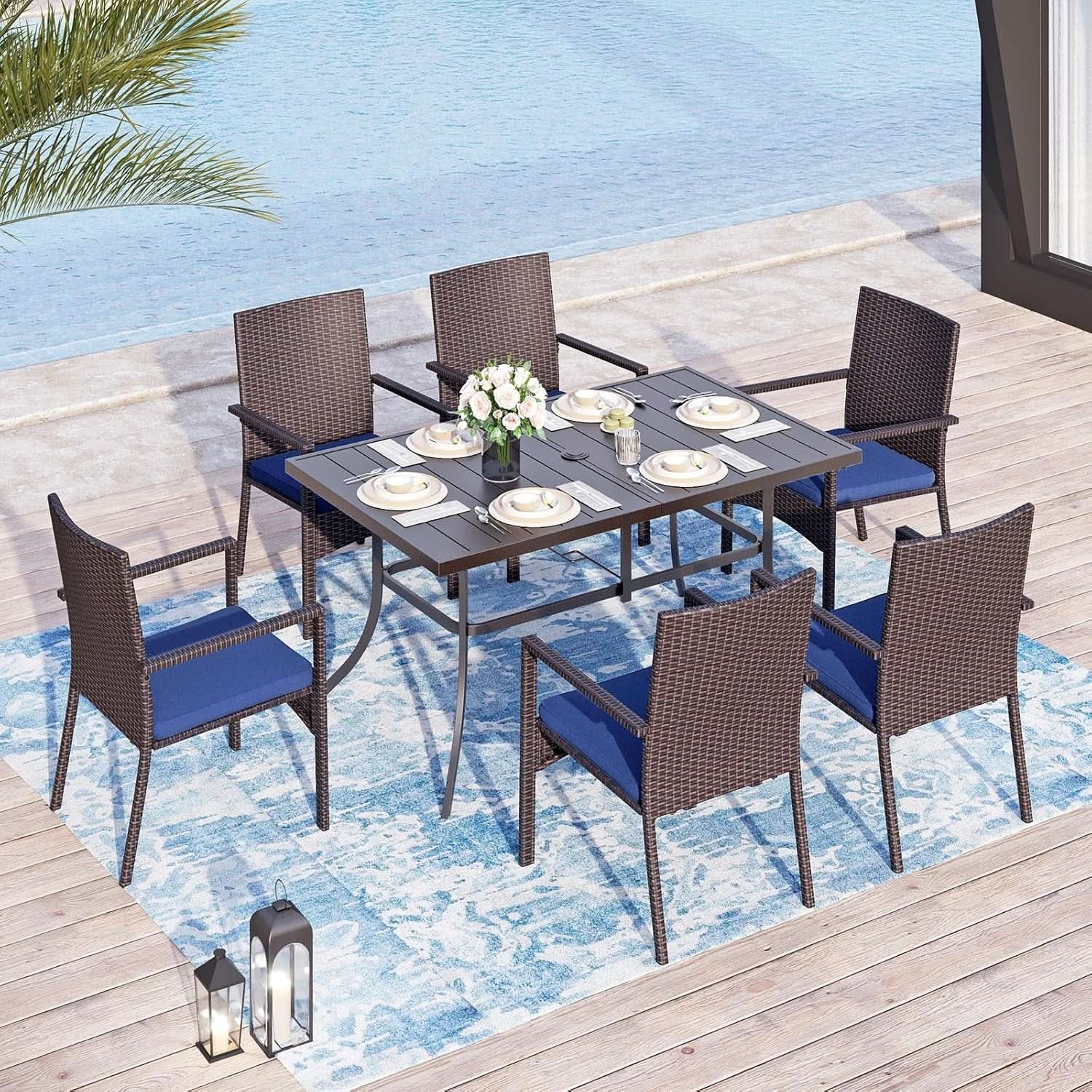 Navy Outdoor Patio Table And Chairs Set With Umbrella For 6 from PriceLows™