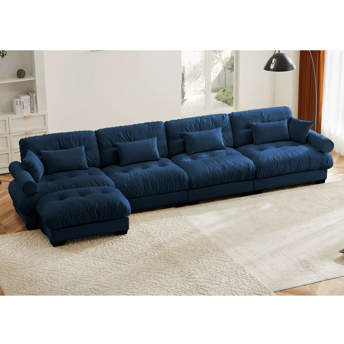 Modular Sectional Sofa | Deep Comfort Cushions | Vintage Fabric Ottoman