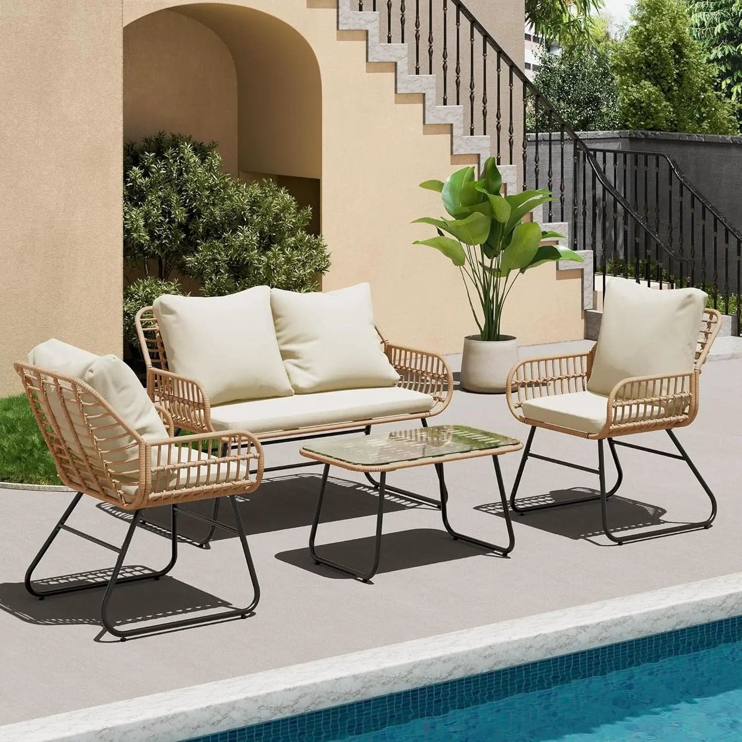 Stylish Four-Piece Outdoor Rattan Furniture Set with Cushions from PriceLows™