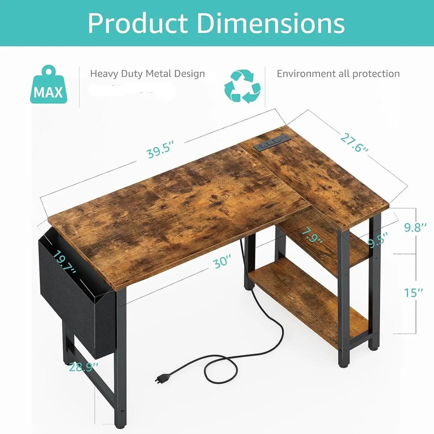40 Inch L Shaped Desk With Power Outlet And Shelves Rustic Brown from PriceLows™