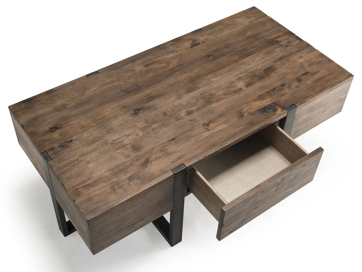 Prescott Reclaimed Wood Table | Rustic Honey Finish | Distressed Iron Base | Hardwood Veneer