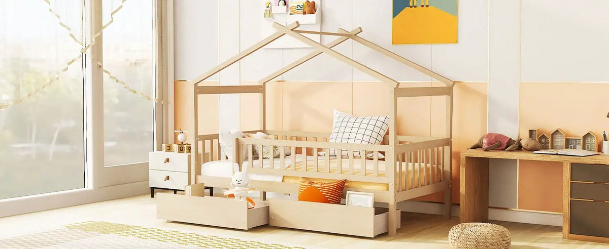 Kids House Bed With 2 Drawers | Sky Roof Design | Classic House Shape | 62.9 Inch Height