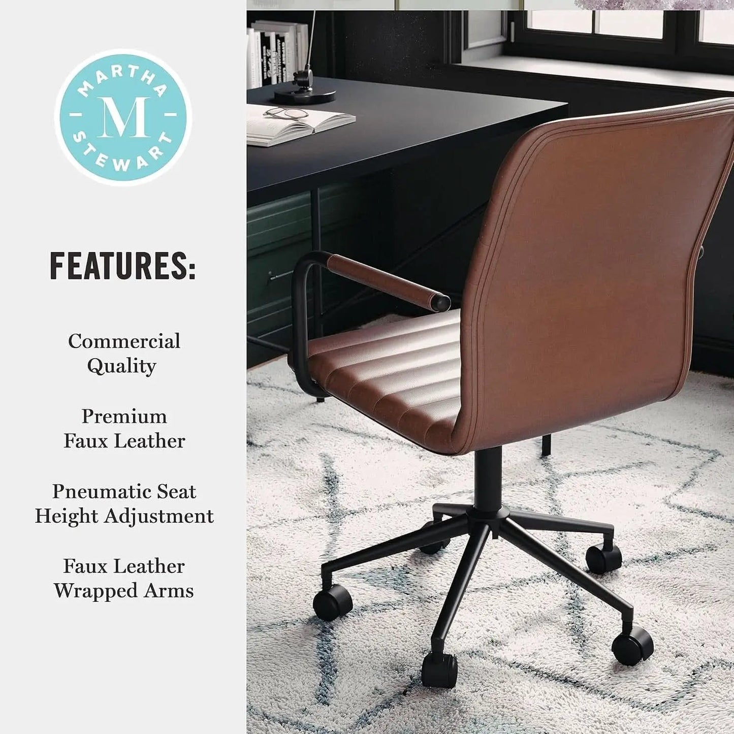 Saddle Brown Faux Leather Swivel Task Chair With Armrests from PriceLows™