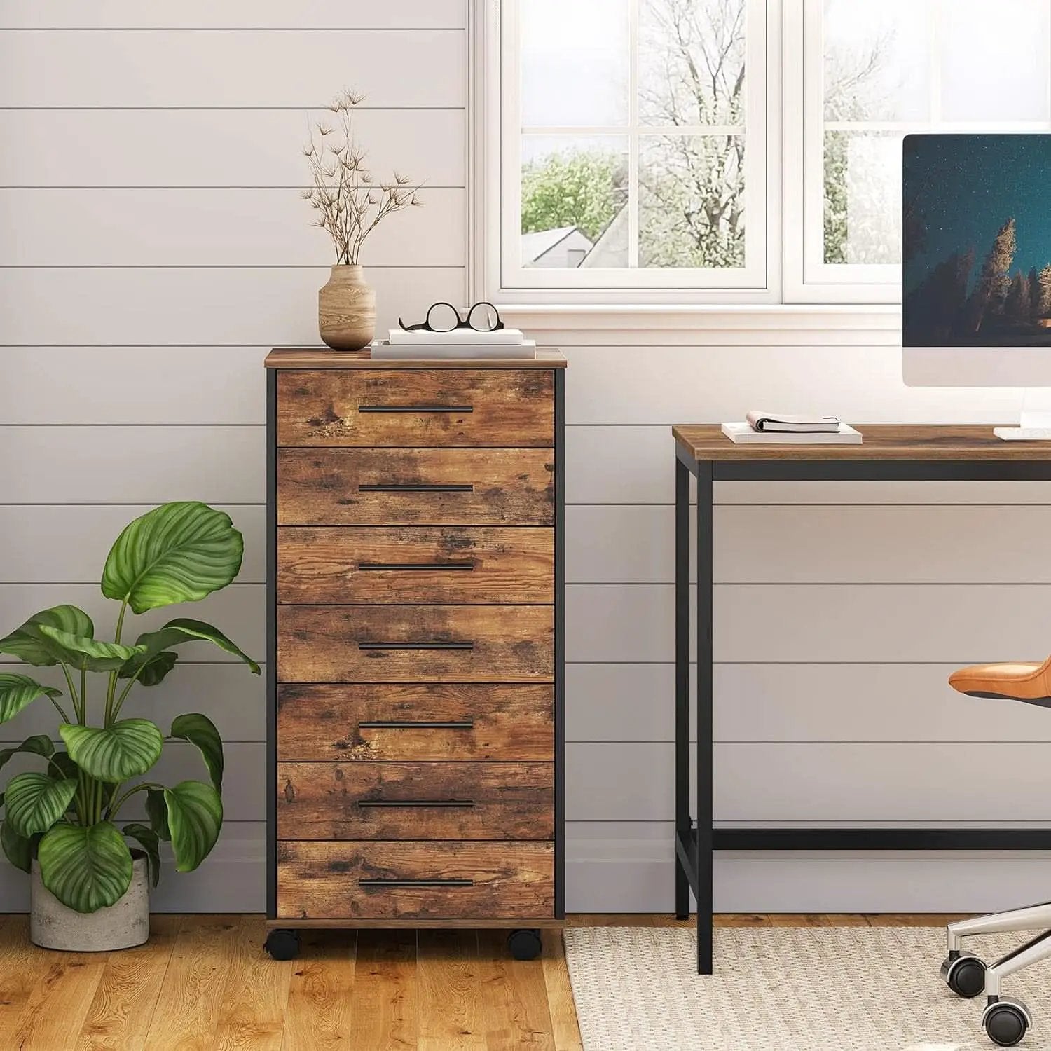 7 Drawer Wooden File Cabinet For Home Office Rustic Brown from PriceLows™