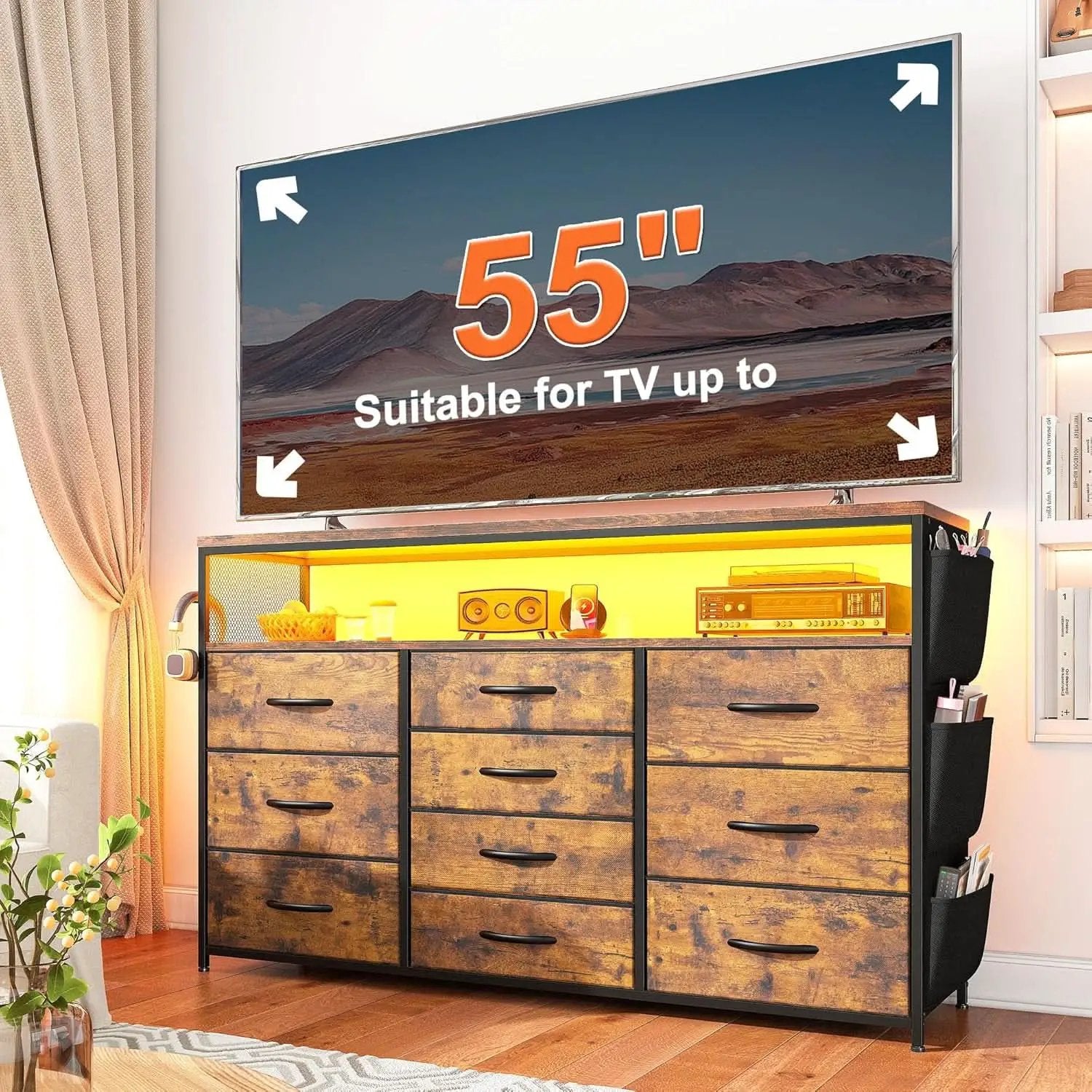 Dresser TV Stand 55 Inch 10 Drawers Rustic Brown Storage from PriceLows™