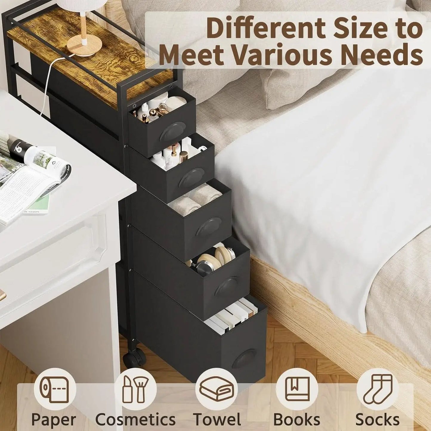 Black SlimStorage Narrow Five Drawer Dresser On Wheels from PriceLows™