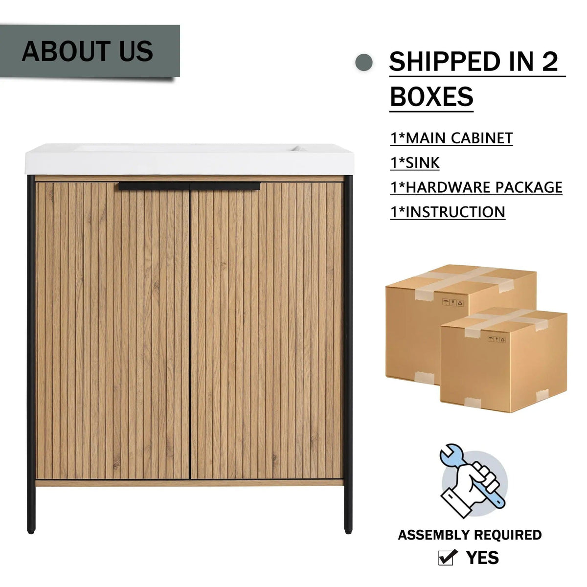 Modern Freestanding Bathroom Vanity With Resin Sink & Soft Close Cabinet Doors | 4 Pieces | Metal & Plywood | Bathroom