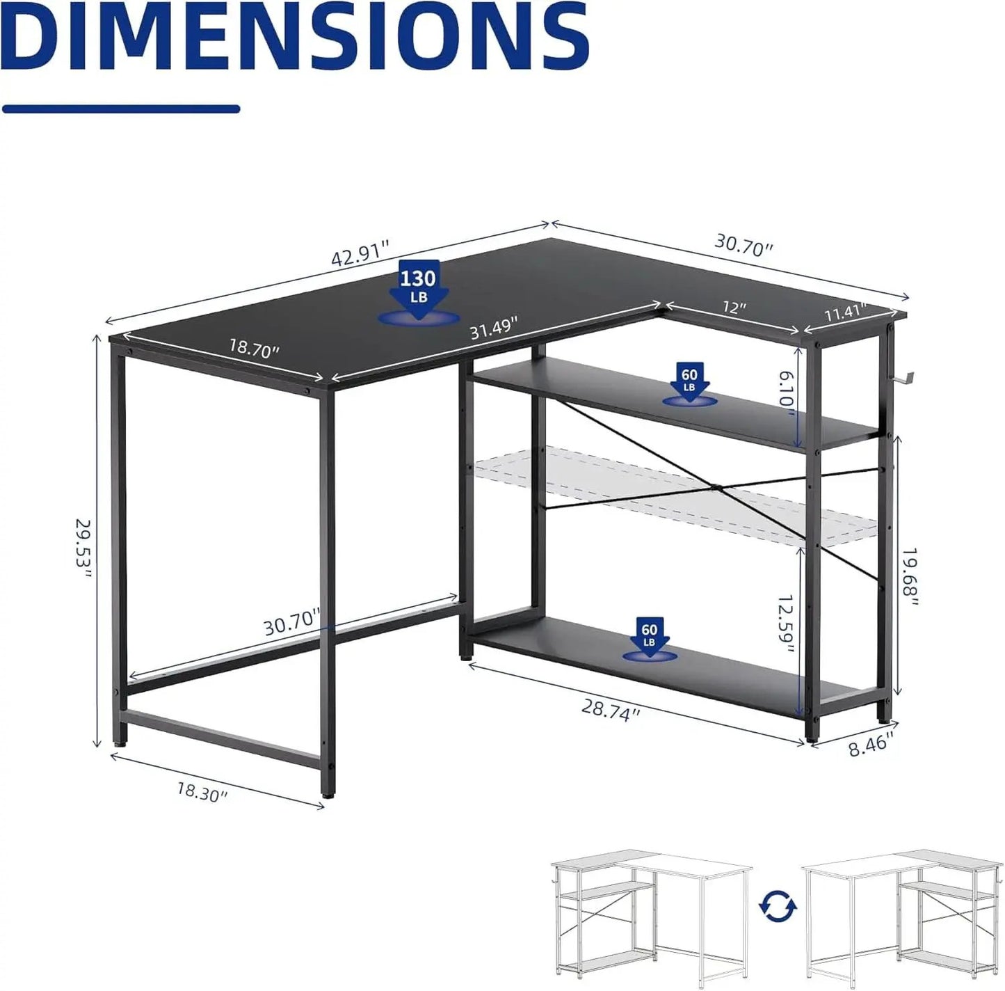 43 Inch L Shaped Desk With Reversible Shelves Espresso Gray from PriceLows™