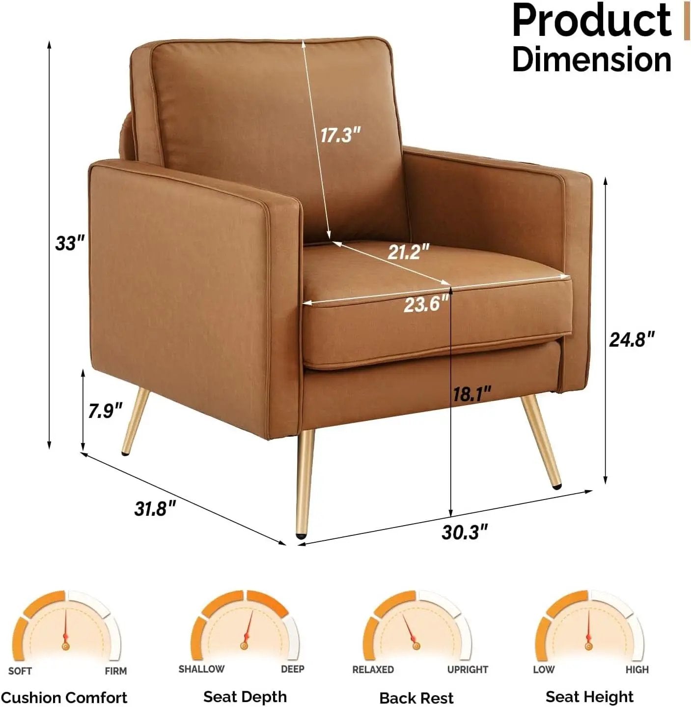 Brown PU Leather Accent Chairs Set Of 2 With Gold Legs from PriceLows™