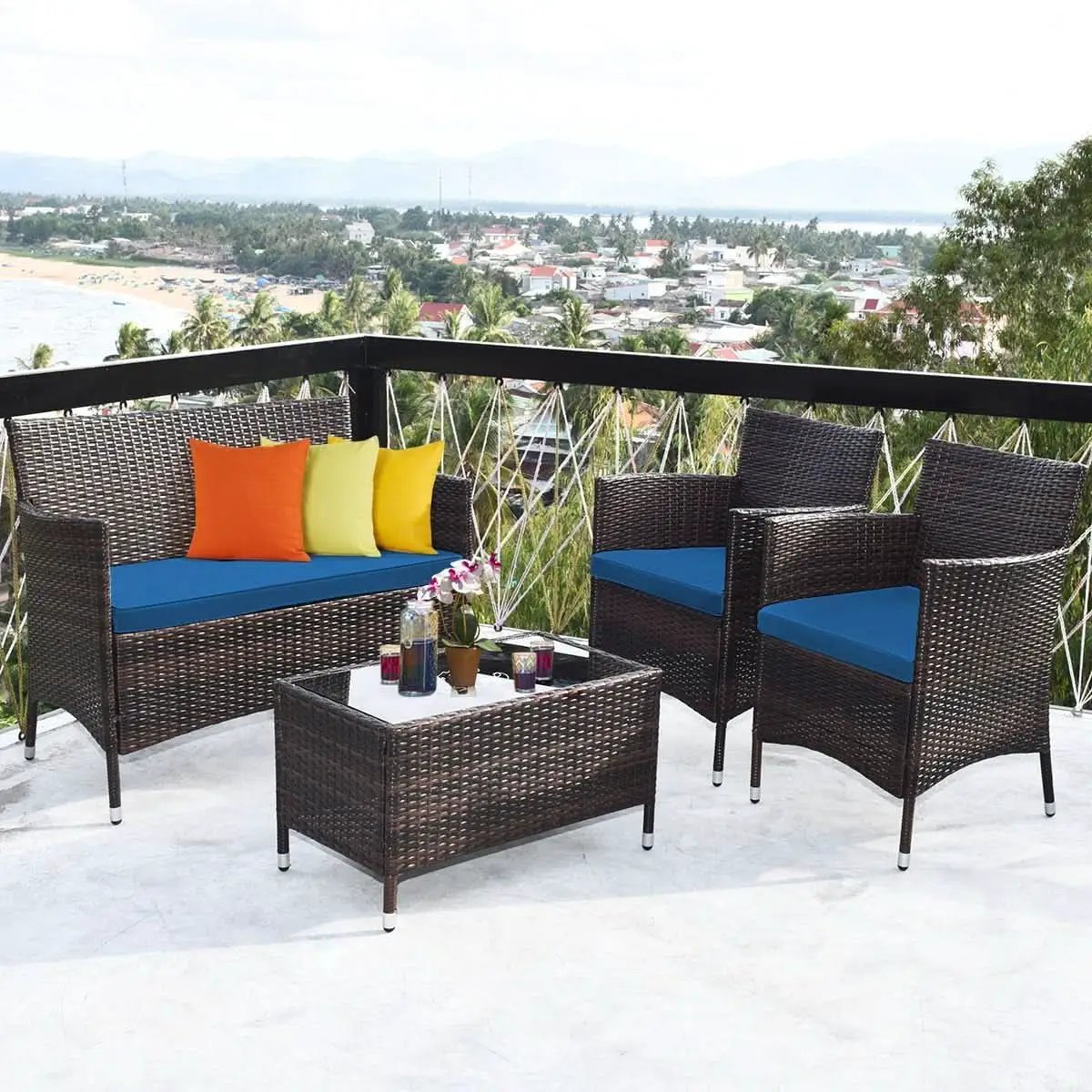 Peacock Blue 4 Piece Rattan Patio Furniture Set With Sectional Sofa from PriceLows™