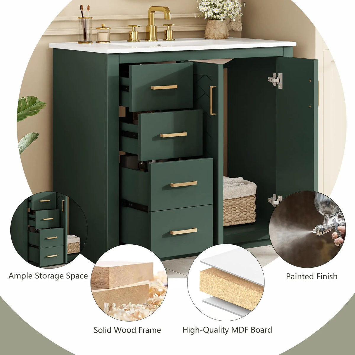 36 Inch Bathroom Vanity | Ceramic Sink Combo | 3 Drawers | Soft Closing Doors