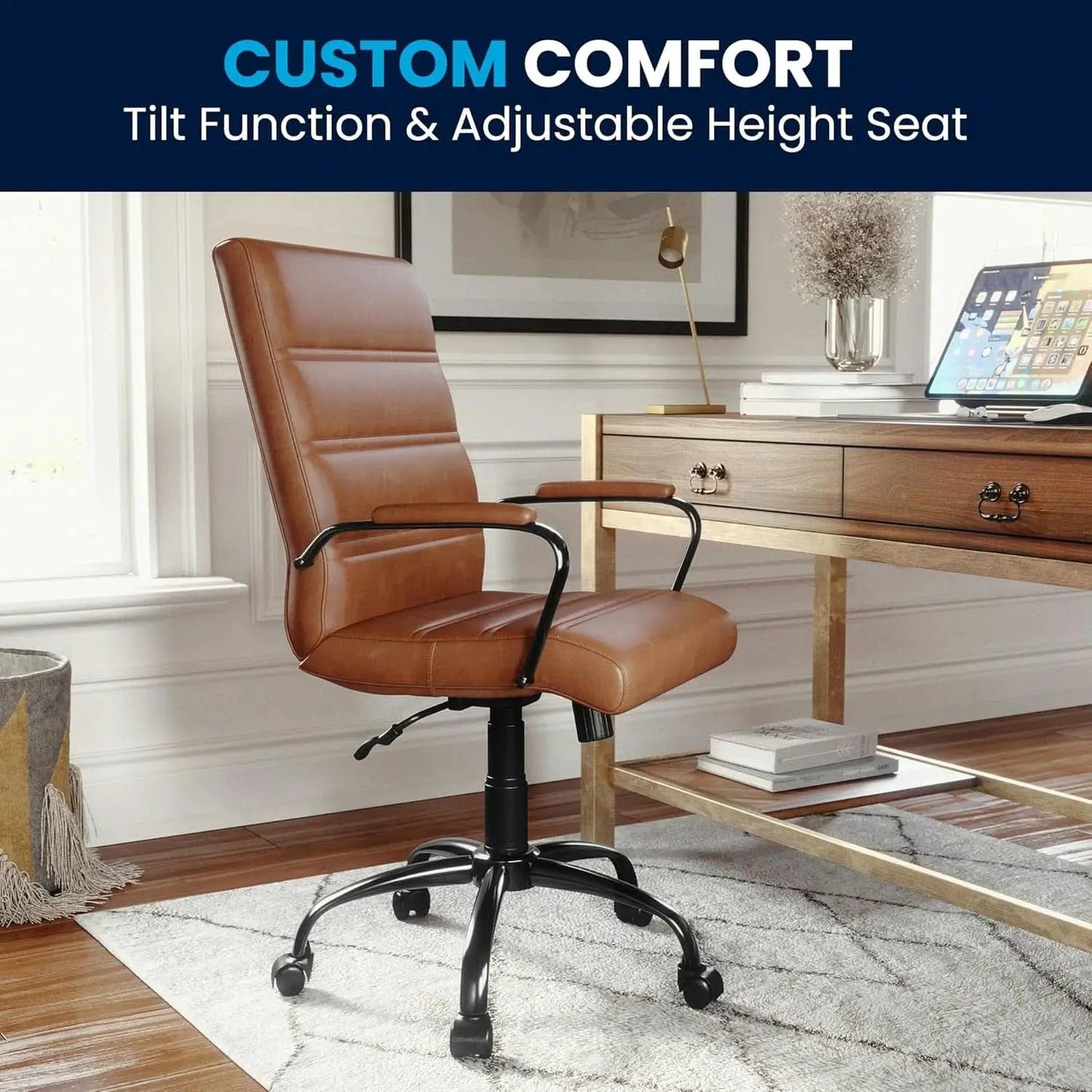 Whitney Mid-Back Leather Desk Chair Brown Black Adjustable Height from PriceLows™