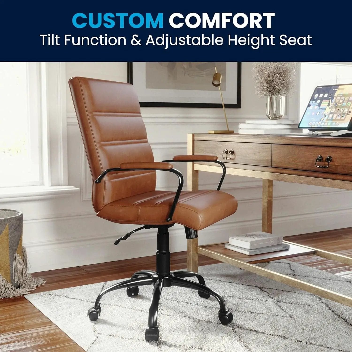 Whitney Mid-Back Leather Desk Chair Brown Black Adjustable Height from PriceLows™