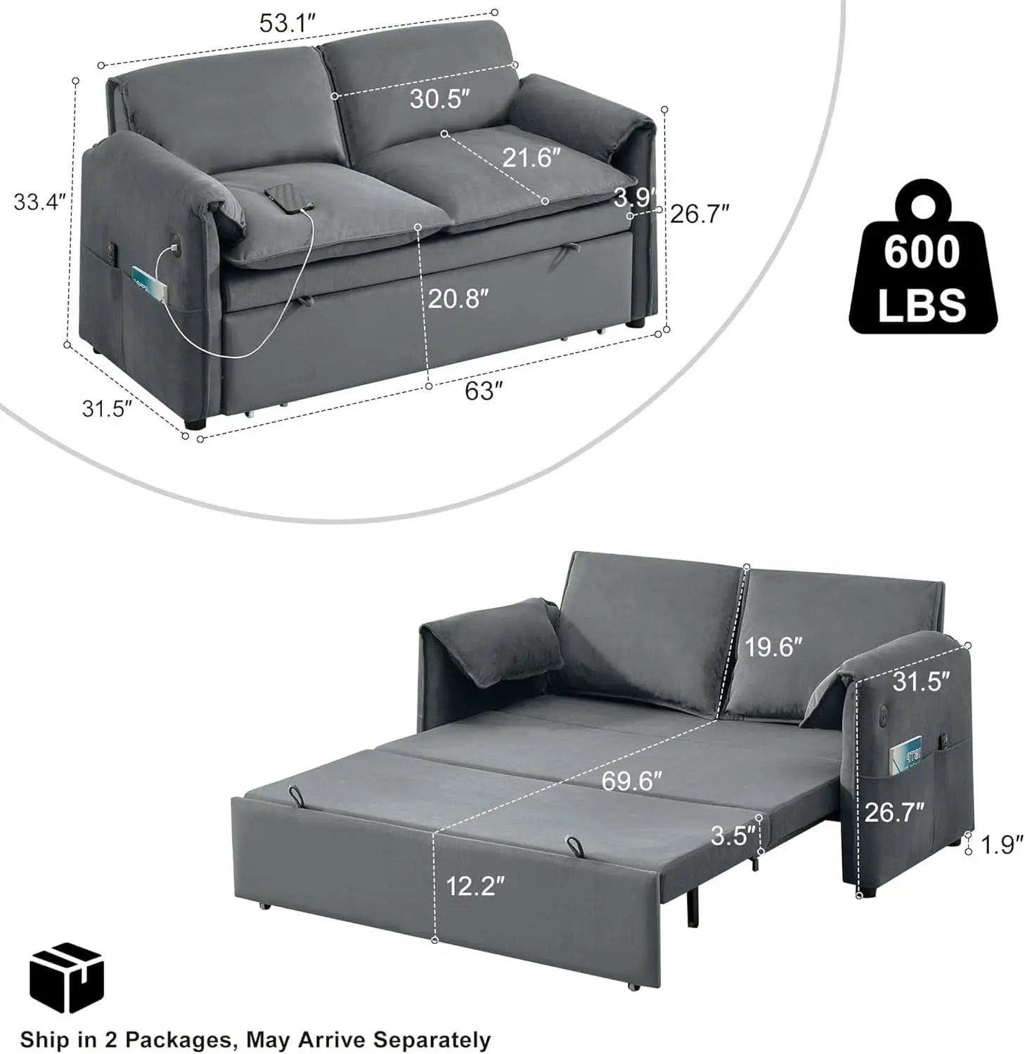 Sixty ThreeInch Pullout Velvet SofaBed Premium Edition from PriceLows™