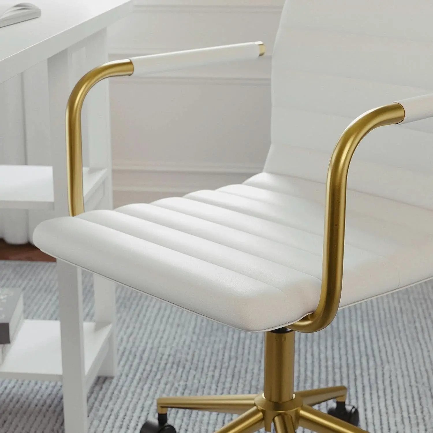 Taytum Swivel Task Chair White Faux Leather Brass Frame from PriceLows™