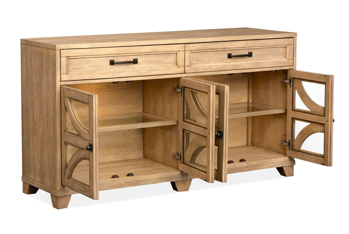 Coventry Buffet | 18 x 66 x 36 in | Oak Veneer & Tempered Glass | Honey Maple