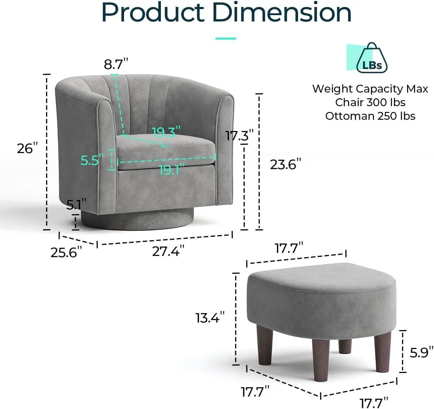 Grey Velvet 360 Swivel Armchair For Small Spaces Modern from PriceLows™