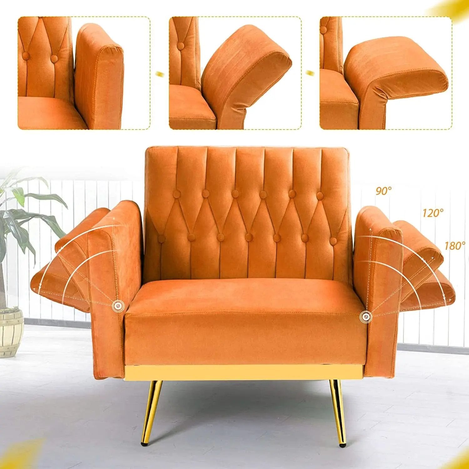 Orange Velvet Accent Chair With Adjustable Armrests And Backrest from PriceLows™