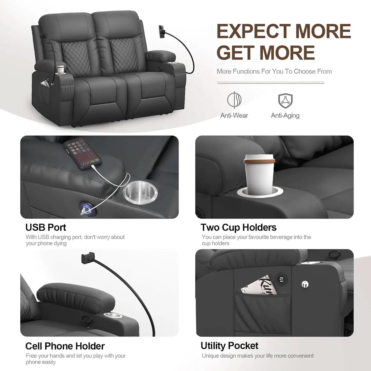 Gray PU Leather Two Seater Recliner Loveseat With USB Ports from PriceLows™