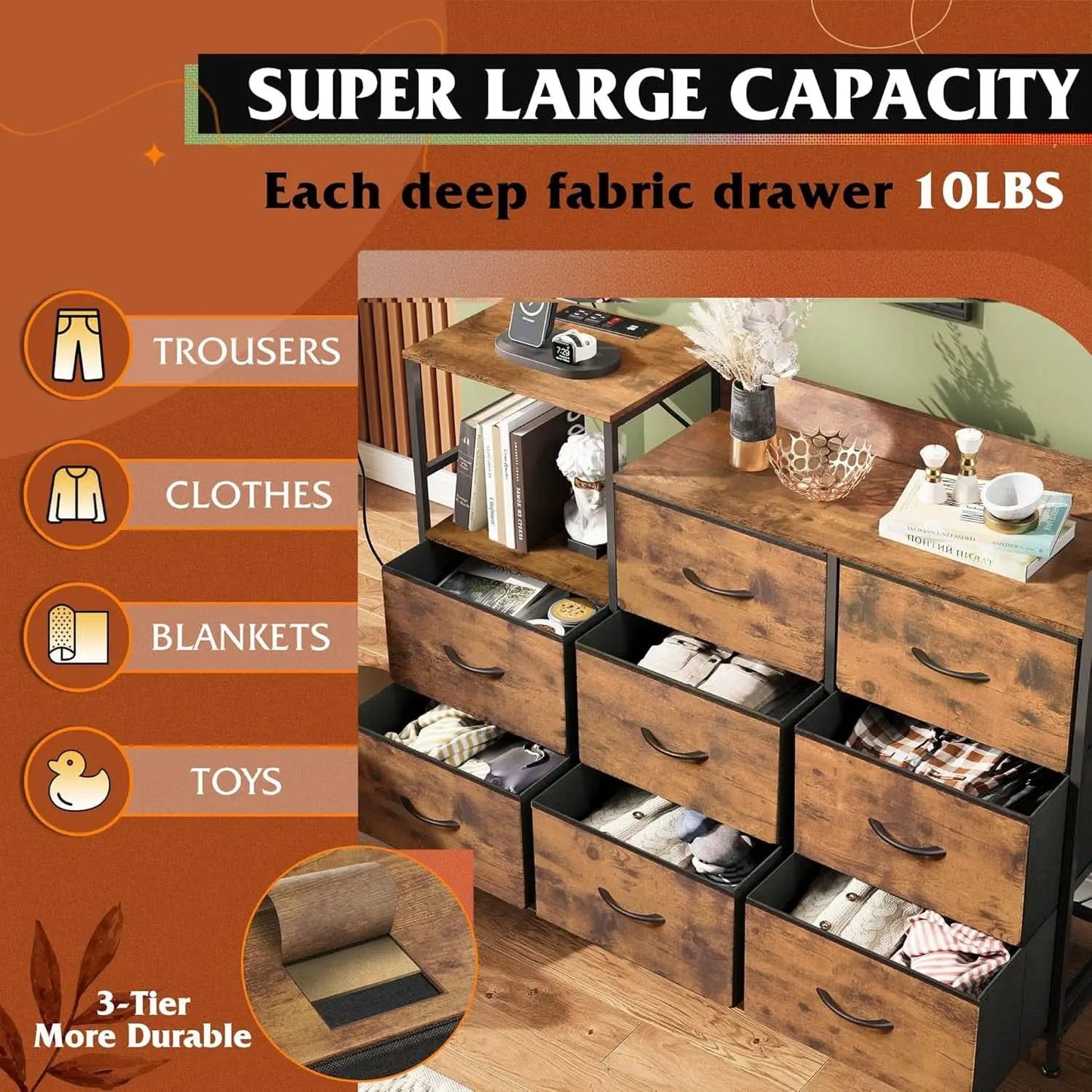 Dresser TV Stand With Charging Station And 8 Fabric Drawers from PriceLows™