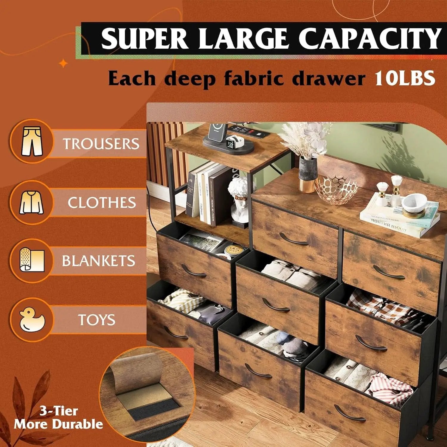 Dresser TV Stand With Charging Station And 8 Fabric Drawers from PriceLows™
