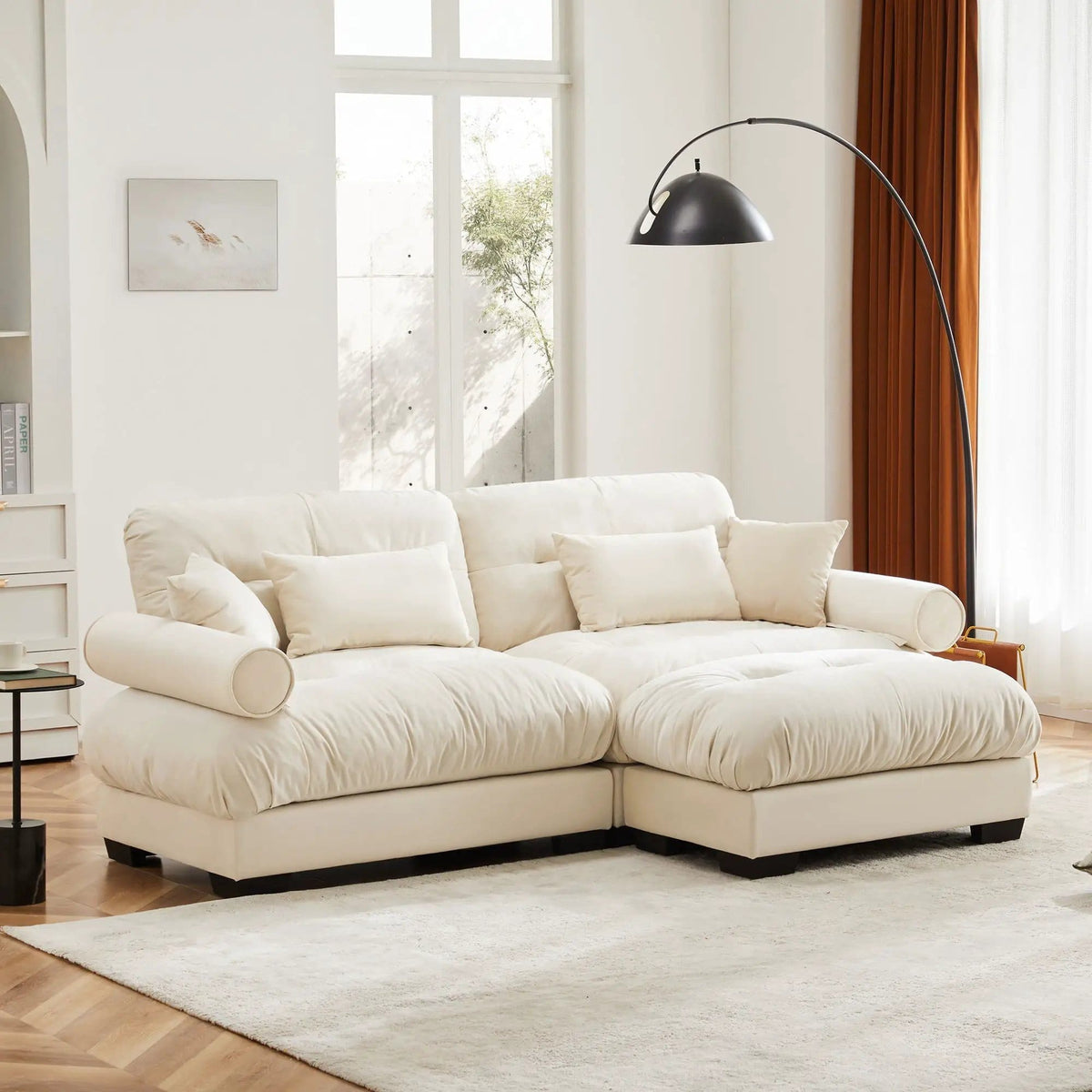 Modular Sectional Sofa | Deep Comfort Cushions | Vintage Fabric Ottoman