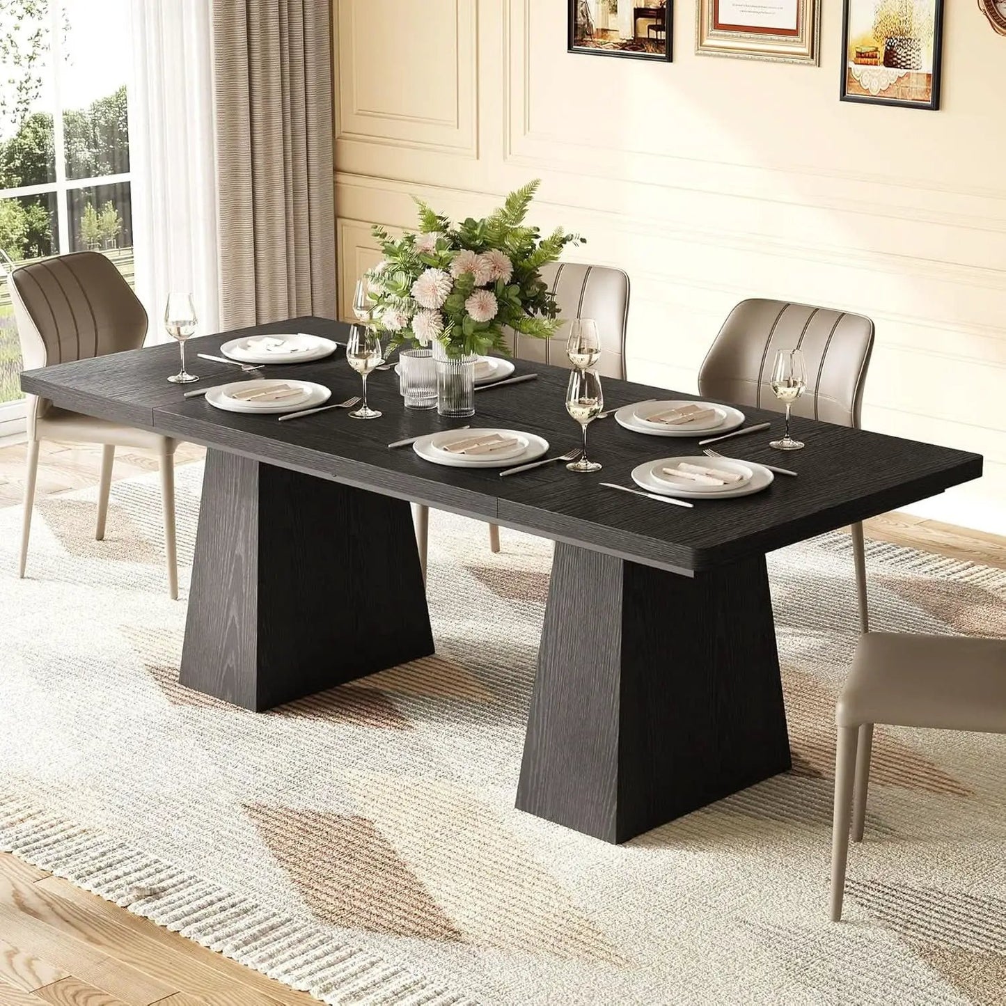 Wooden Dining Table for 6 with Heavy Duty Legs Black from PriceLows™