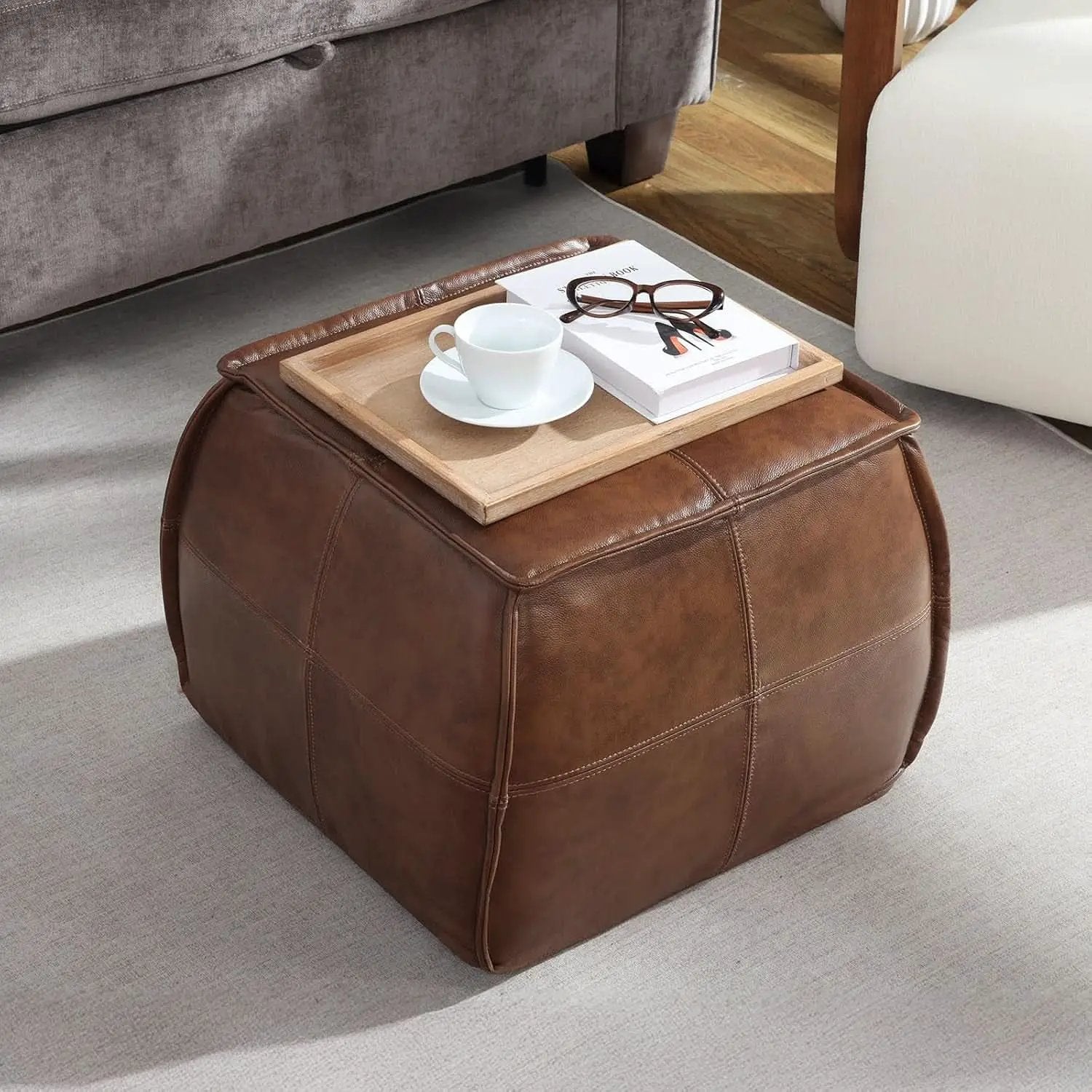 Authentic Brown Leather Ottoman Square Memory Foam from PriceLows™